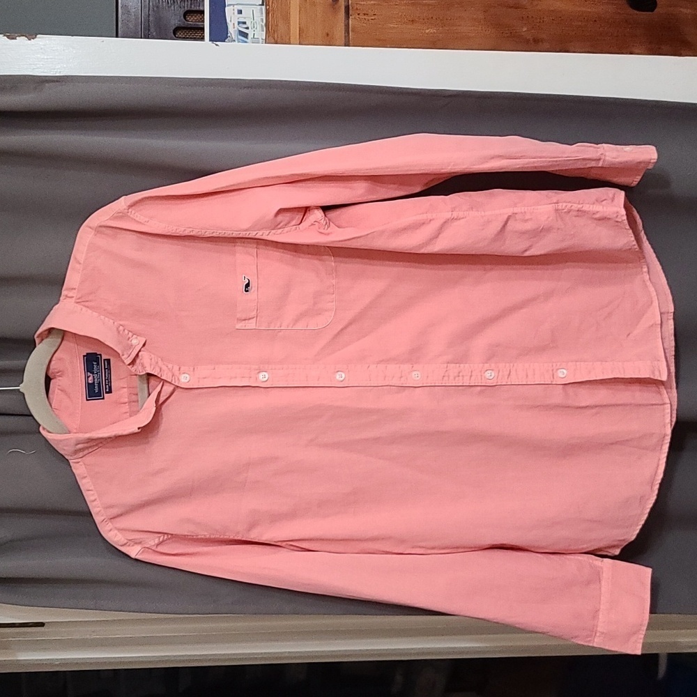 Vineyard Vines Slim Fit Tucker Shirt Mens Coral Cotton/Silk Blend Pocket L EUC‎
